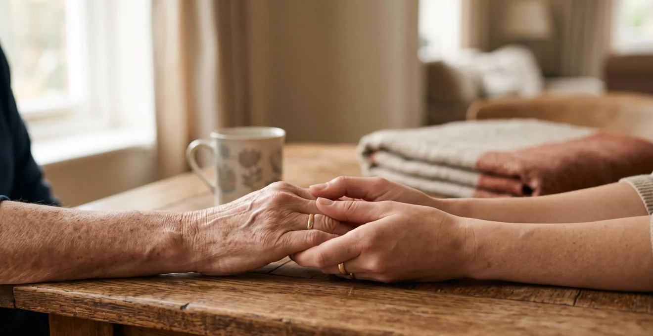 Deux mains qui se tiennent avec douceur, symbole d'un accompagnement humain personnalisé après un deuil ou une maladie