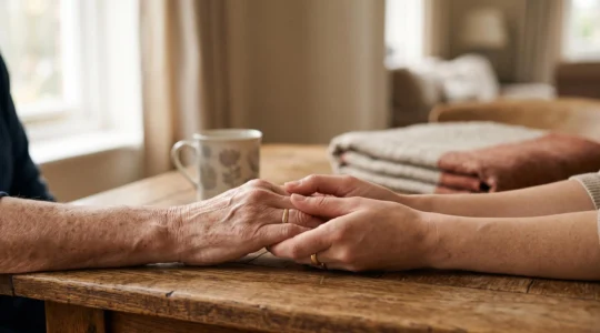 Deux mains qui se tiennent avec douceur, symbole d'un accompagnement humain personnalisé après un deuil ou une maladie