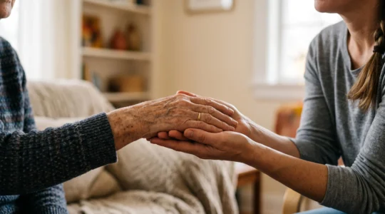 Mains de deux générations jointes symbolisant la protection financière face à la perte d'autonomie