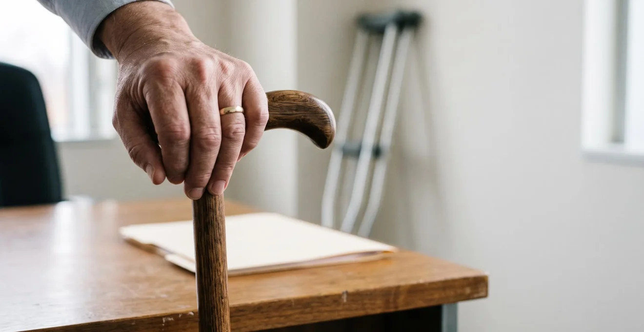 Photographie symbolique d'une main tenant une canne médicale à côté d'un dossier flouté illisible, illustrant le seuil d'indemnisation en assurance invalidité