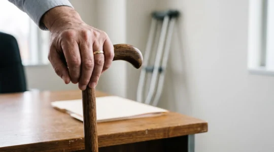 Photographie symbolique d'une main tenant une canne médicale à côté d'un dossier flouté illisible, illustrant le seuil d'indemnisation en assurance invalidité