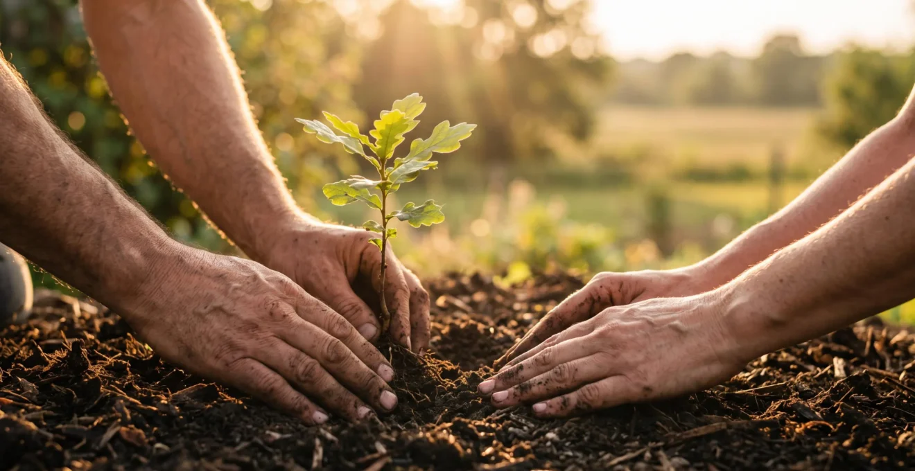 Une personne plante une jeune pousse dans un sol fertile au lever du soleil, symbolisant la croissance patiente d'une épargne sur le long terme
