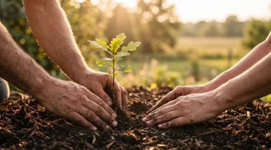 Une personne plante une jeune pousse dans un sol fertile au lever du soleil, symbolisant la croissance patiente d'une épargne sur le long terme