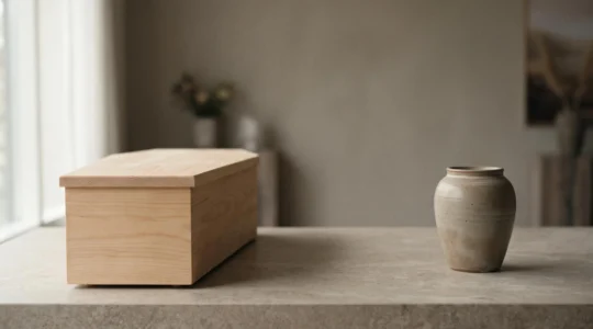 Composition épurée montrant un cercueil sobre en bois clair et une urne artisanale côte à côte, symbolisant le choix éclairé face aux dépenses funéraires