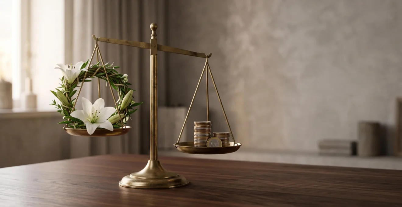 Balance symbolique entre une couronne de fleurs sobre et des pièces de monnaie, illustrant le choix éclairé d'un service funéraire au juste prix