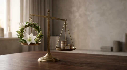 Balance symbolique entre une couronne de fleurs sobre et des pièces de monnaie, illustrant le choix éclairé d'un service funéraire au juste prix