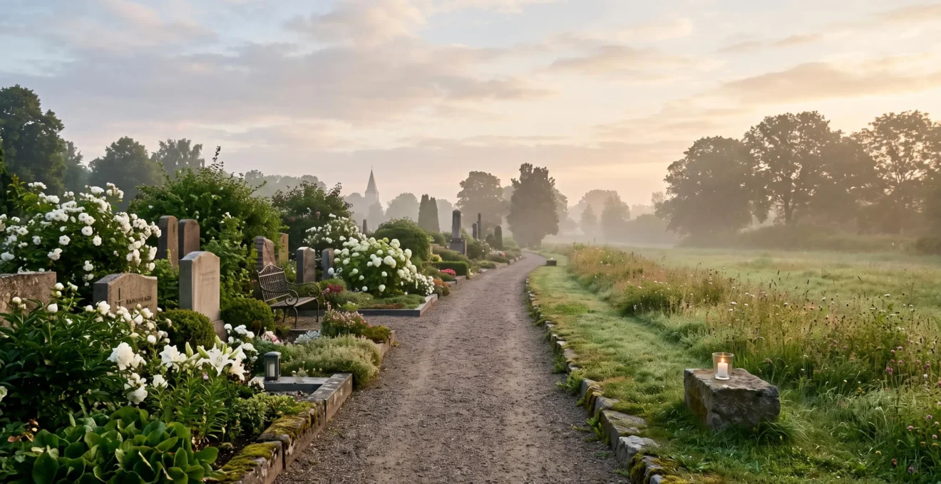 Chemin de cimetière au lever du jour symbolisant le choix entre plusieurs types de cérémonies funéraires