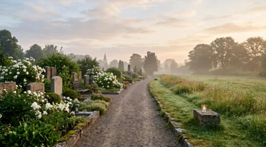 Chemin de cimetière au lever du jour symbolisant le choix entre plusieurs types de cérémonies funéraires