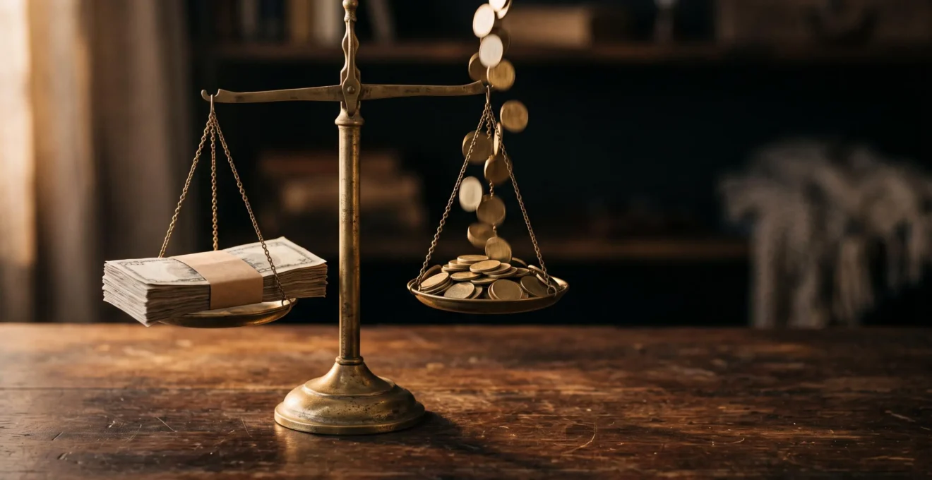 Balance symbolique entre une somme d'argent versée en une fois et un flux régulier de revenus, illustrant le choix entre capital et rente