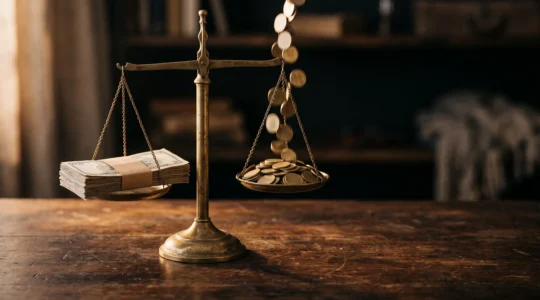 Balance symbolique entre une somme d'argent versée en une fois et un flux régulier de revenus, illustrant le choix entre capital et rente