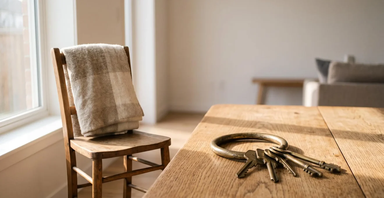Trousseau de clés posé sur une table en bois à côté d'une chaise vide et d'un plaid, symbolisant la libération des dettes et la protection de la famille après un décès