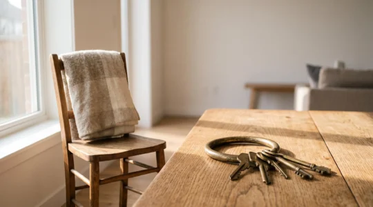 Trousseau de clés posé sur une table en bois à côté d'une chaise vide et d'un plaid, symbolisant la libération des dettes et la protection de la famille après un décès