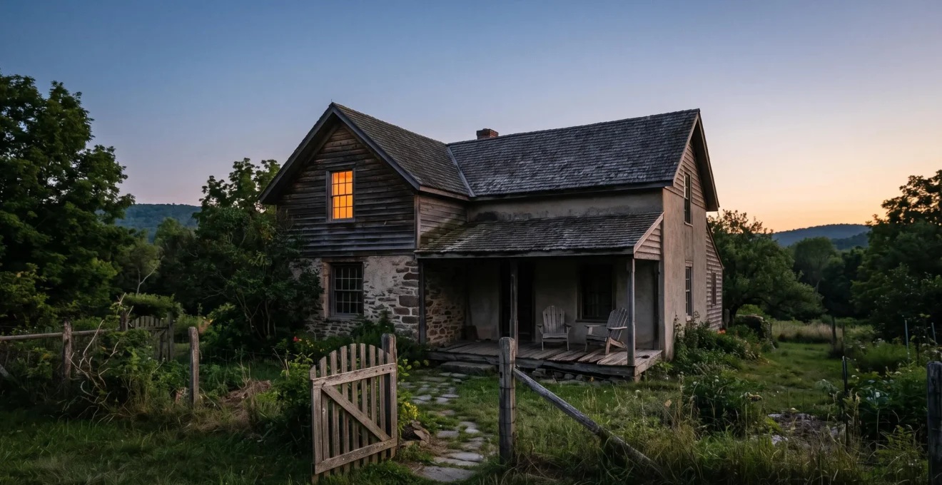 Vue symbolique d'une maison familiale au crépuscule illustrant les tensions silencieuses entre héritiers lors d'une succession