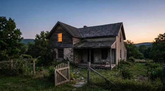 Vue symbolique d'une maison familiale au crépuscule illustrant les tensions silencieuses entre héritiers lors d'une succession