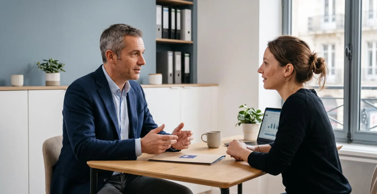 Conseiller en assurance en entretien avec un client dans un bureau professionnel en France