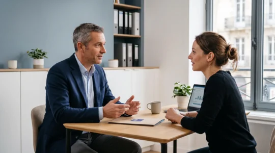 Conseiller en assurance en entretien avec un client dans un bureau professionnel en France