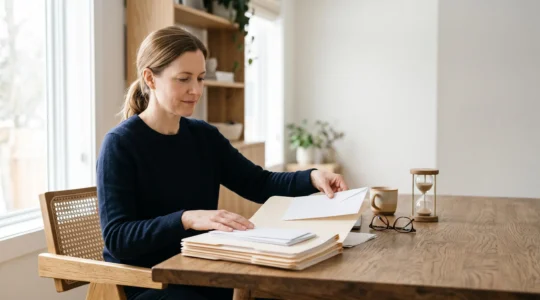 Personne organisant sereinement un dossier d'assurance prévoyance sur un bureau lumineux, symbole de démarches maîtrisées
