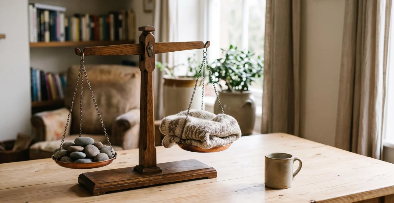 Balance symbolique en bois illustrant l'équilibre financier retrouvé après un arrêt de travail prolongé