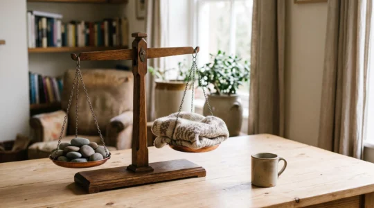 Balance symbolique en bois illustrant l'équilibre financier retrouvé après un arrêt de travail prolongé