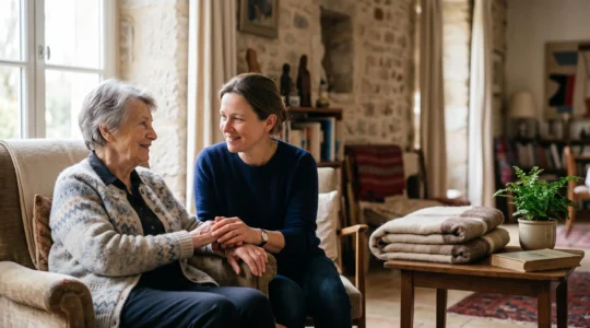 Une aidante accompagne une personne âgée dans son salon lumineux, symbolisant l'équilibre entre soutien humain et préservation financière