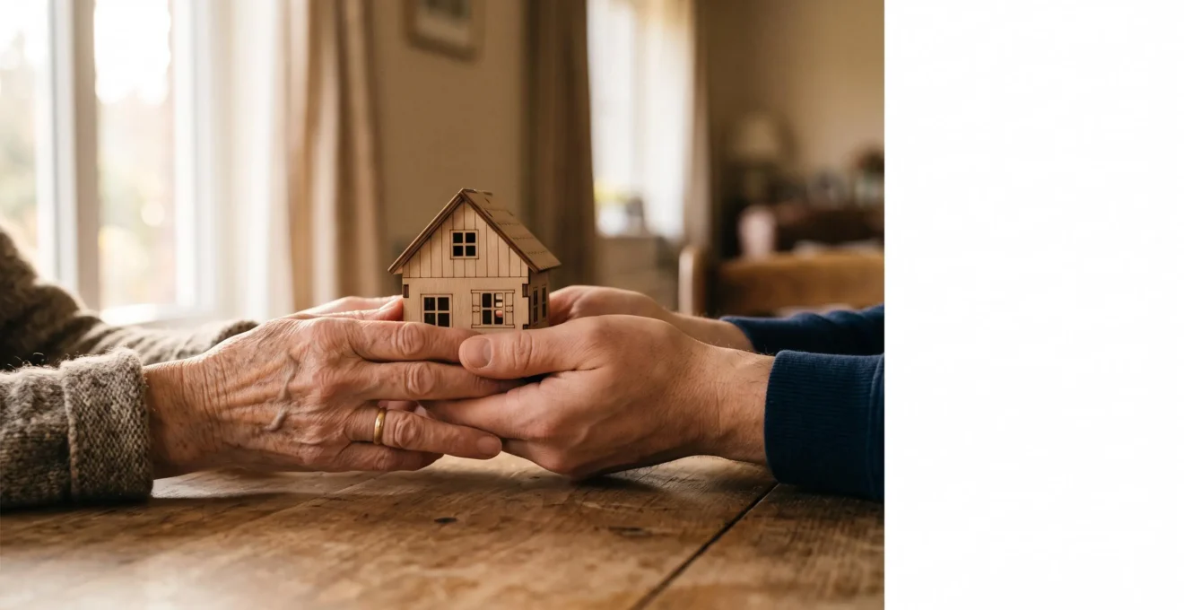 Illustration symbolique de mains d'une personne âgée et d'un adulte protégeant ensemble une petite maison, évoquant la préservation du patrimoine familial face au coût d'un EHPAD