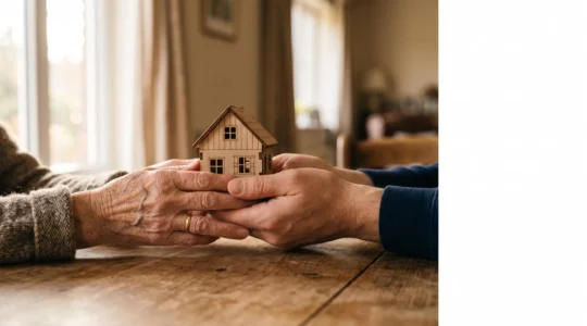 Illustration symbolique de mains d'une personne âgée et d'un adulte protégeant ensemble une petite maison, évoquant la préservation du patrimoine familial face au coût d'un EHPAD