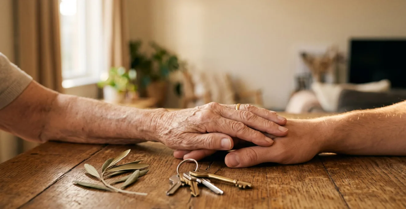 Mains de deux générations posées sur une table en bois clair autour d'un trousseau de clés, symbolisant une transmission patrimoniale sereine
