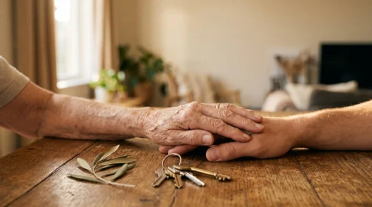 Mains de deux générations posées sur une table en bois clair autour d'un trousseau de clés, symbolisant une transmission patrimoniale sereine