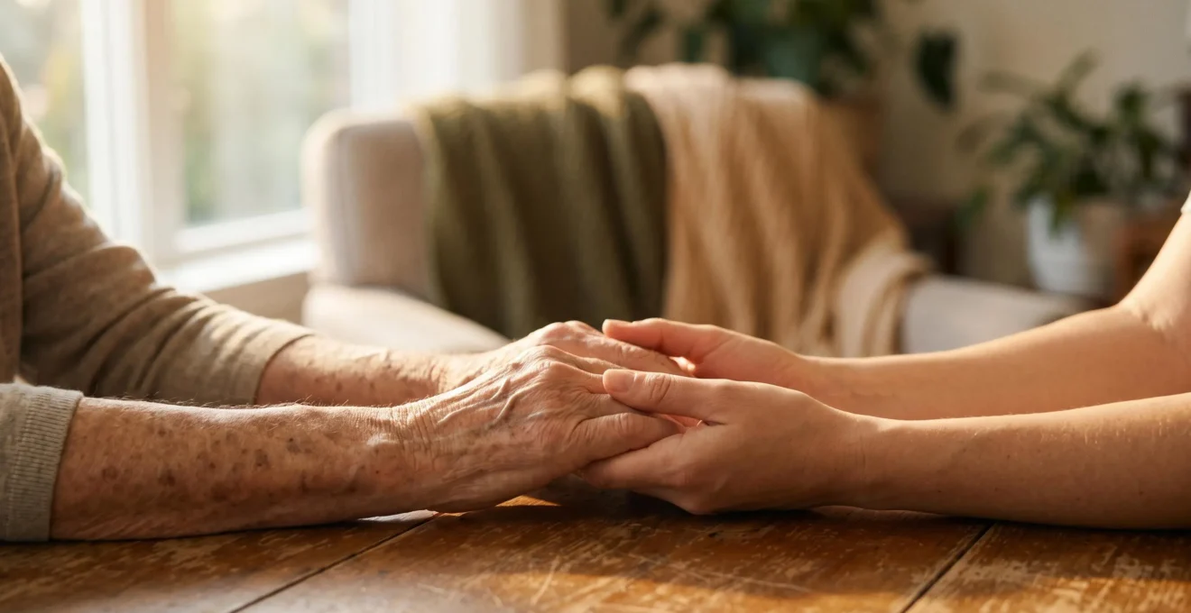 Mains d'un parent age et de son enfant adulte jointes avec sérénité, symbolisant la transmission et la protection face aux obsèques