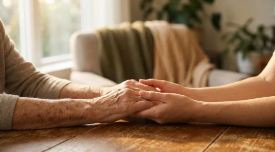Mains d'un parent age et de son enfant adulte jointes avec sérénité, symbolisant la transmission et la protection face aux obsèques