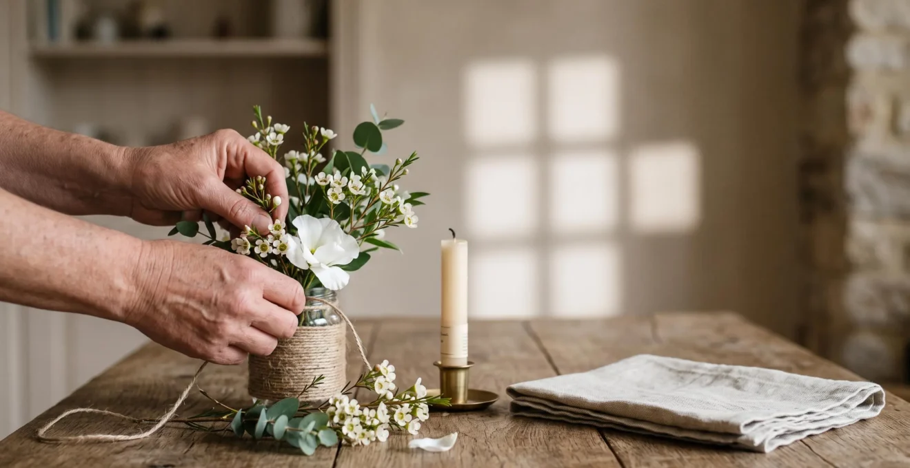 Mains posant délicatement des fleurs blanches et un objet souvenir sur une table en bois, dans une lumière douce évoquant l'organisation sereine d'un hommage personnalisé