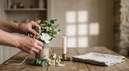 Mains posant délicatement des fleurs blanches et un objet souvenir sur une table en bois, dans une lumière douce évoquant l'organisation sereine d'un hommage personnalisé