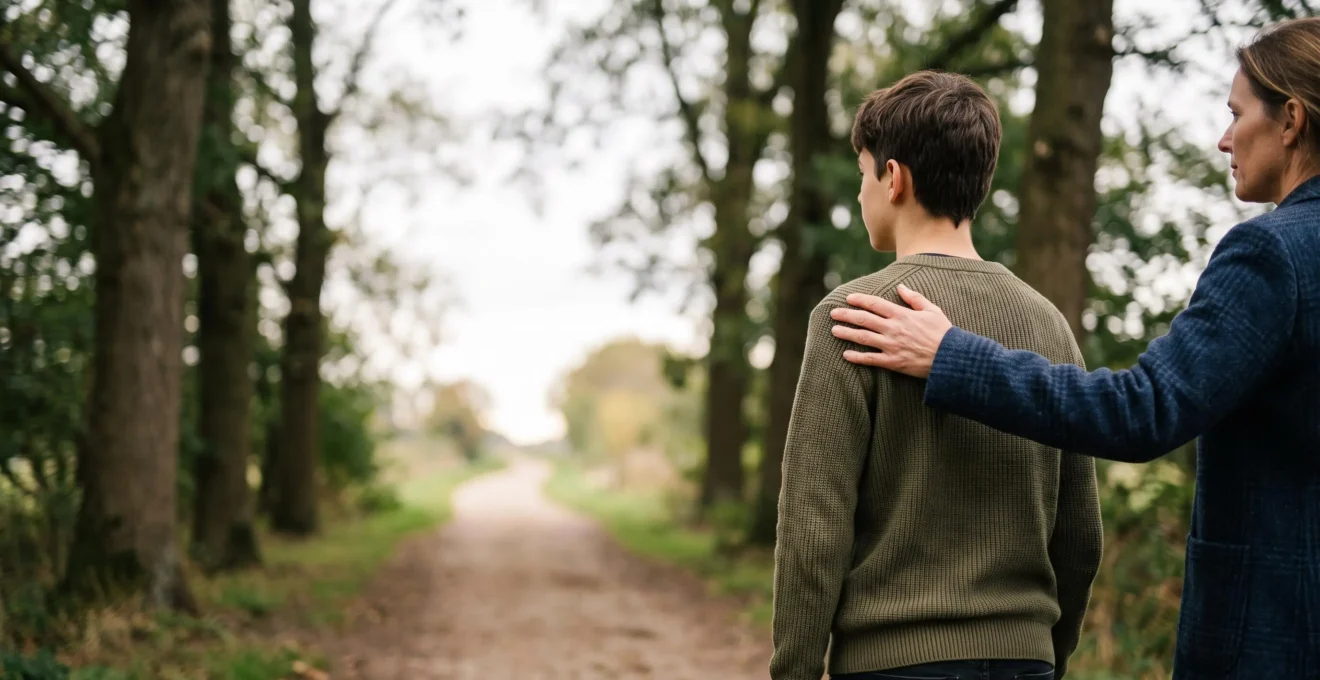 Un parent tenant la main de son enfant face à un chemin lumineux, symbolisant la protection de son avenir scolaire même en cas d'absence