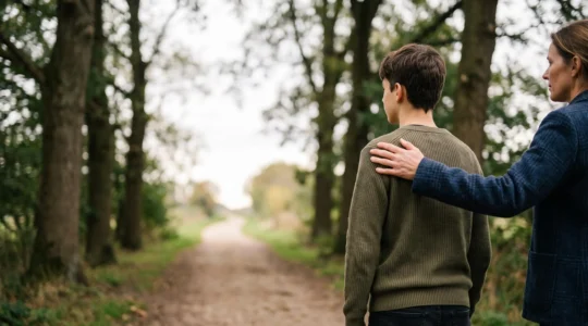 Un parent tenant la main de son enfant face à un chemin lumineux, symbolisant la protection de son avenir scolaire même en cas d'absence
