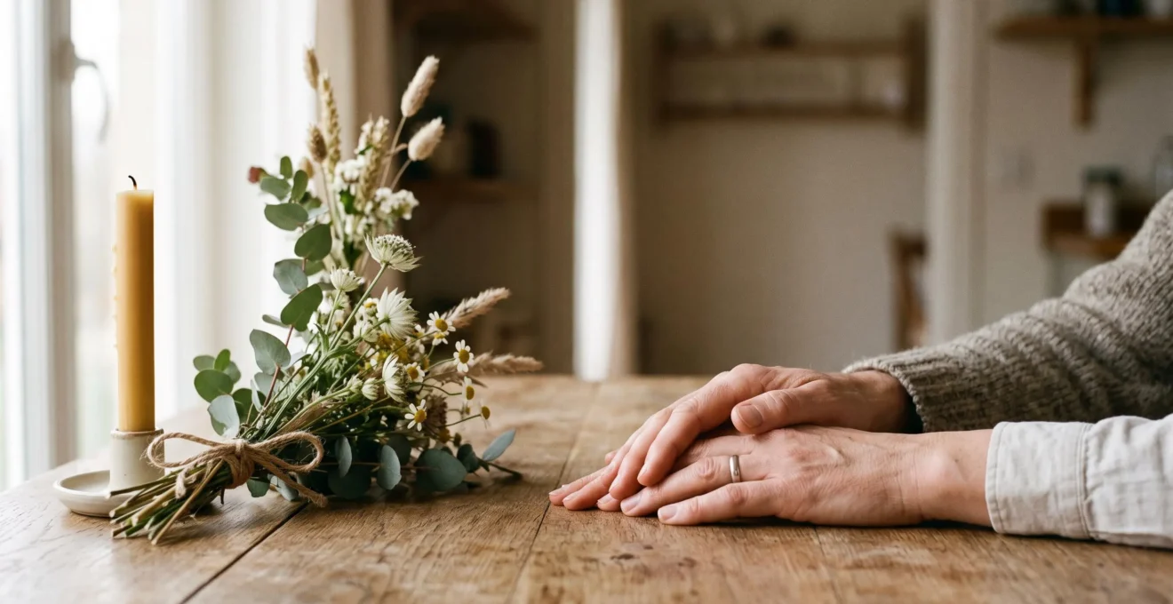 Deux mains qui se rejoignent doucement en signe de réconfort, illustrant l'accompagnement silencieux d'une personne en deuil