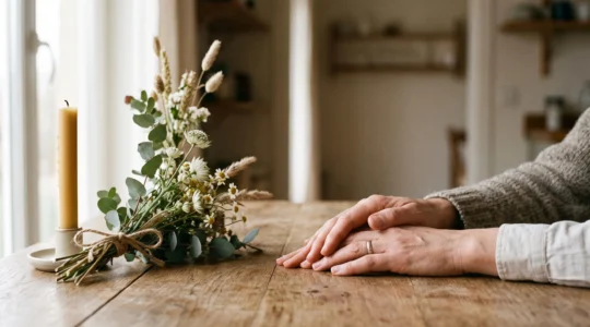 Deux mains qui se rejoignent doucement en signe de réconfort, illustrant l'accompagnement silencieux d'une personne en deuil