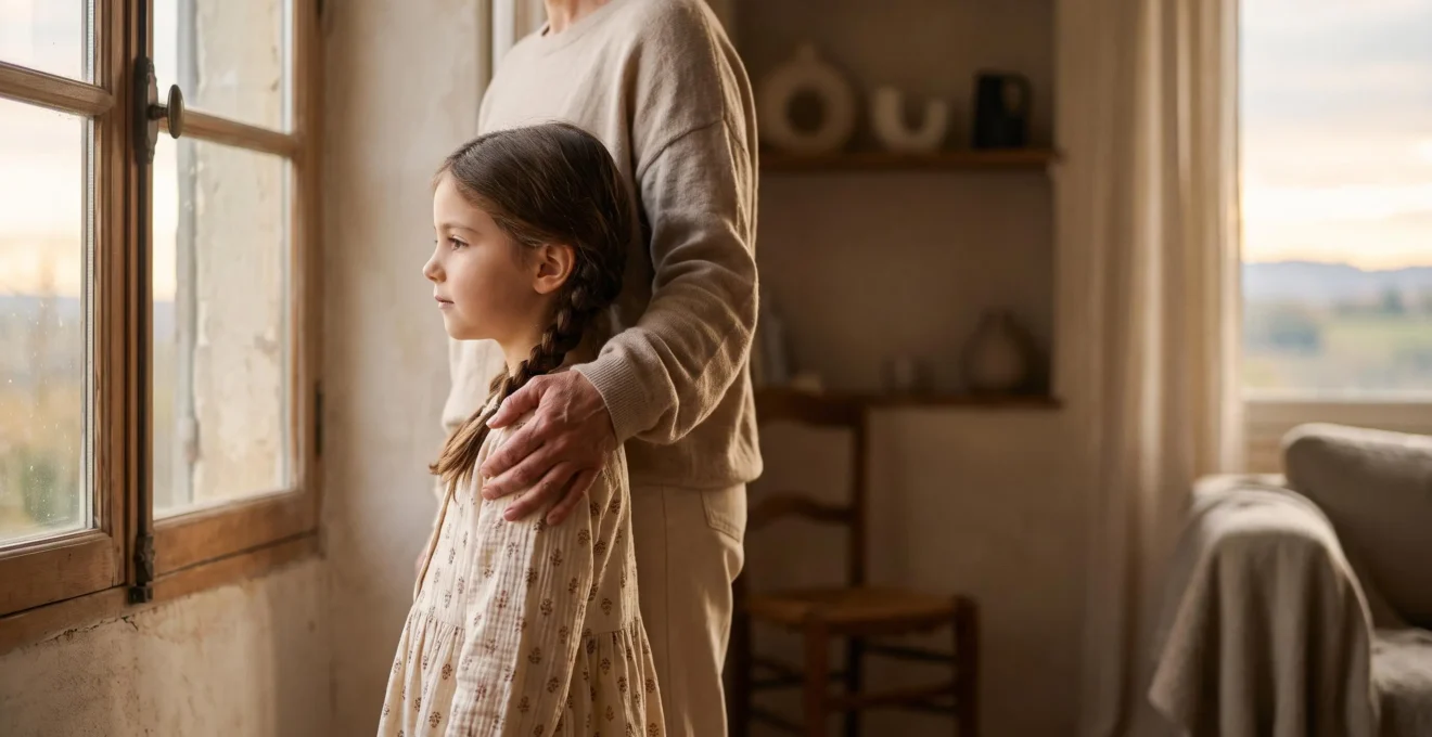 Parent tenant protectivement ses enfants dans une lumière chaleureuse, symbolisant la sécurité financière transmise par un capital décès