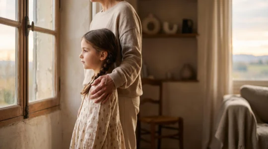 Parent tenant protectivement ses enfants dans une lumière chaleureuse, symbolisant la sécurité financière transmise par un capital décès