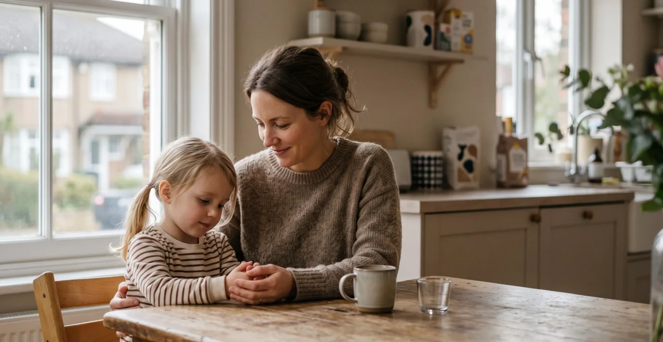 Un parent et son enfant dans une cuisine baignée de lumière douce, symbolisant la protection financière face à un coup dur