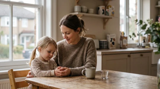 Un parent et son enfant dans une cuisine baignée de lumière douce, symbolisant la protection financière face à un coup dur