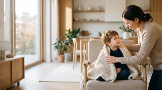 Illustration symbolique d'une protection santé complète et rassurante pour une famille