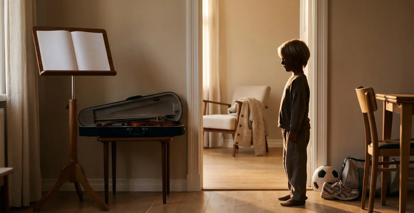 Un enfant tenant un instrument de musique et un ballon de sport, symbole de la continuité de ses passions malgré l'absence d'un parent