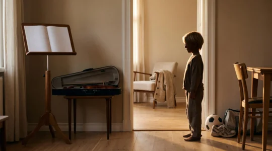 Un enfant tenant un instrument de musique et un ballon de sport, symbole de la continuité de ses passions malgré l'absence d'un parent