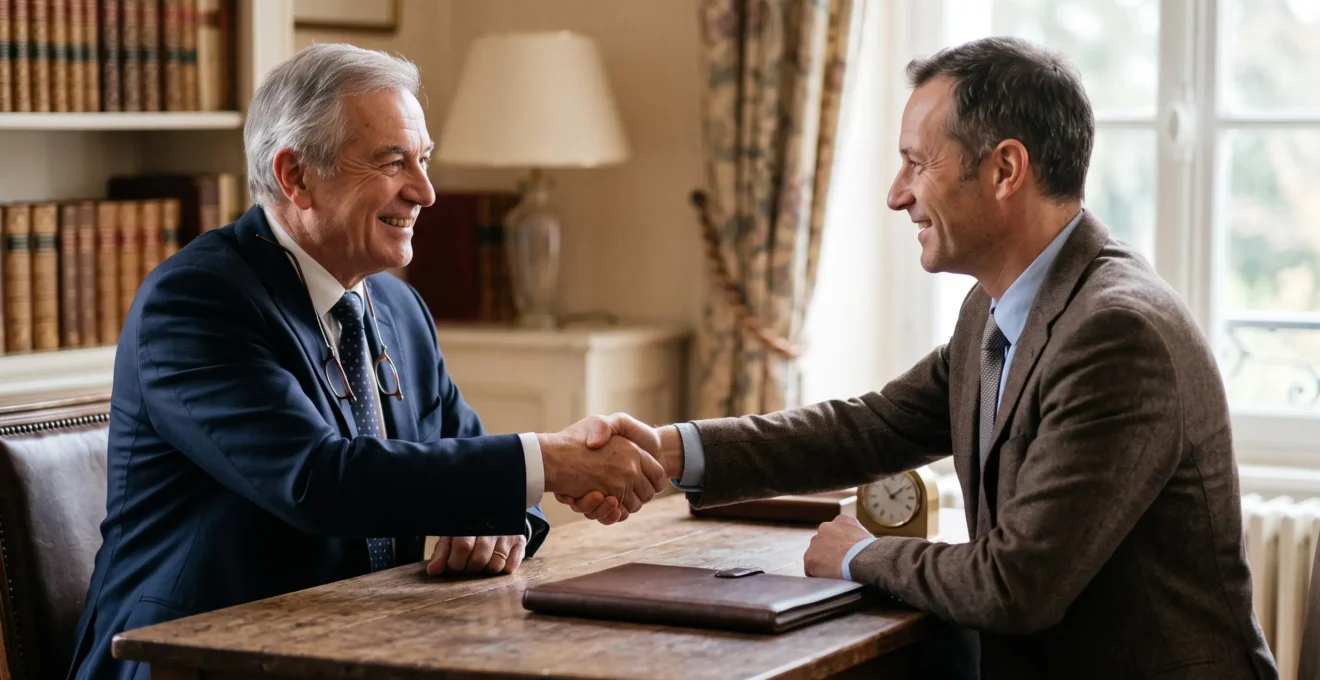 Un héritier et un notaire se serrent la main avec confiance dans un bureau lumineux, symbolisant une succession réglée sereinement dans les délais légaux