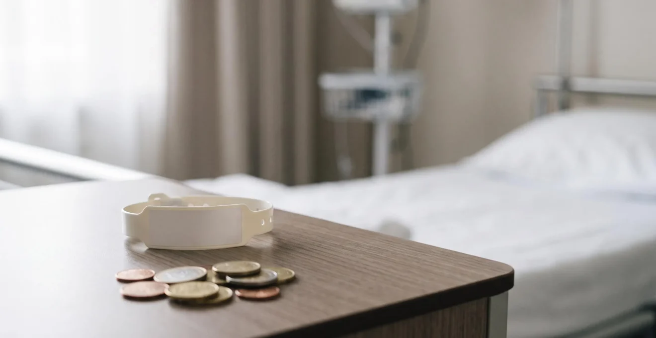 Illustration symbolique du poids financier d'une hospitalisation, évoquant les frais qui restent à la charge du patient