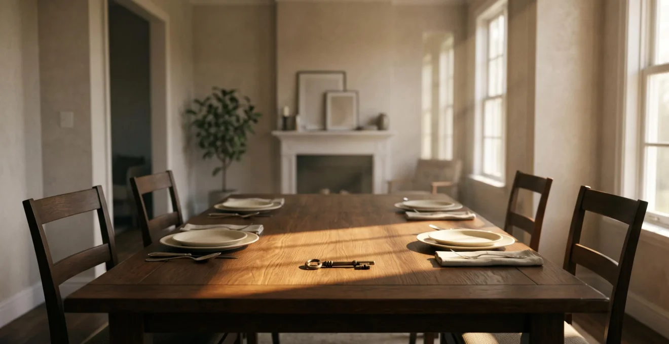 Table familiale en bois vide avec chaises espacées, symbole des tensions silencieuses autour d'une succession