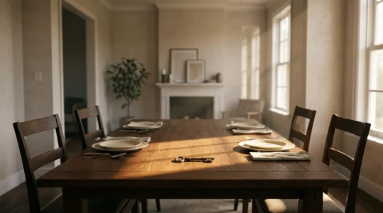 Table familiale en bois vide avec chaises espacées, symbole des tensions silencieuses autour d'une succession