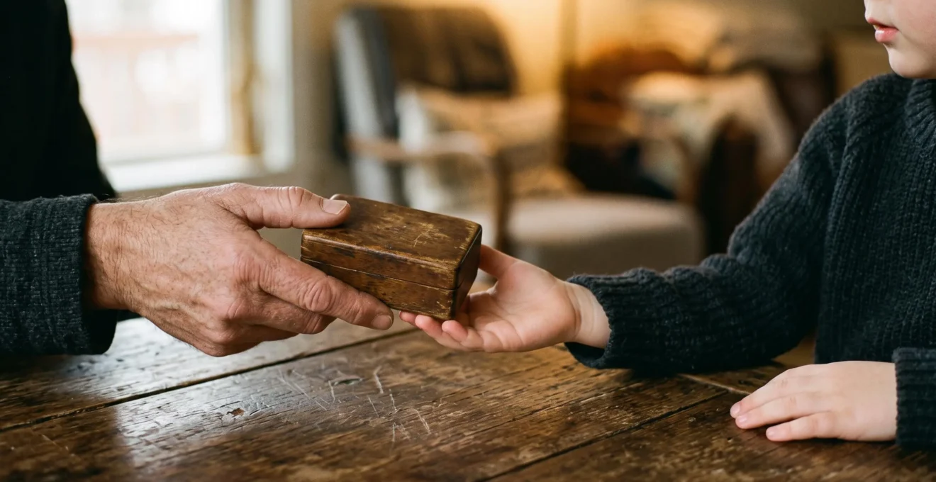 Mains d'un parent et d'un enfant se rejoignant symboliquement autour d'un objet de transmission, illustrant la preparation a l'absence d'un parent