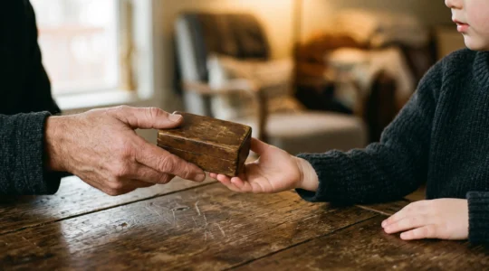 Mains d'un parent et d'un enfant se rejoignant symboliquement autour d'un objet de transmission, illustrant la preparation a l'absence d'un parent