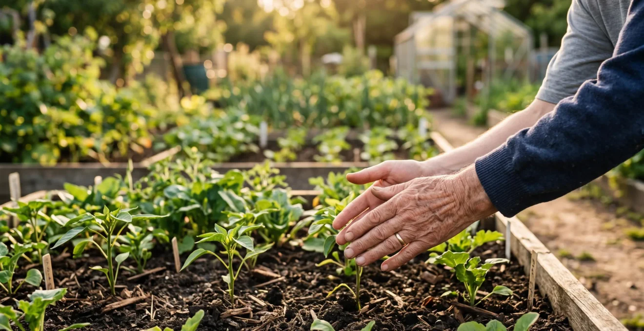 Mains de deux générations se rejoignant symboliquement au-dessus d'un jardin en pleine croissance, illustrant la transmission progressive d'un patrimoine familial